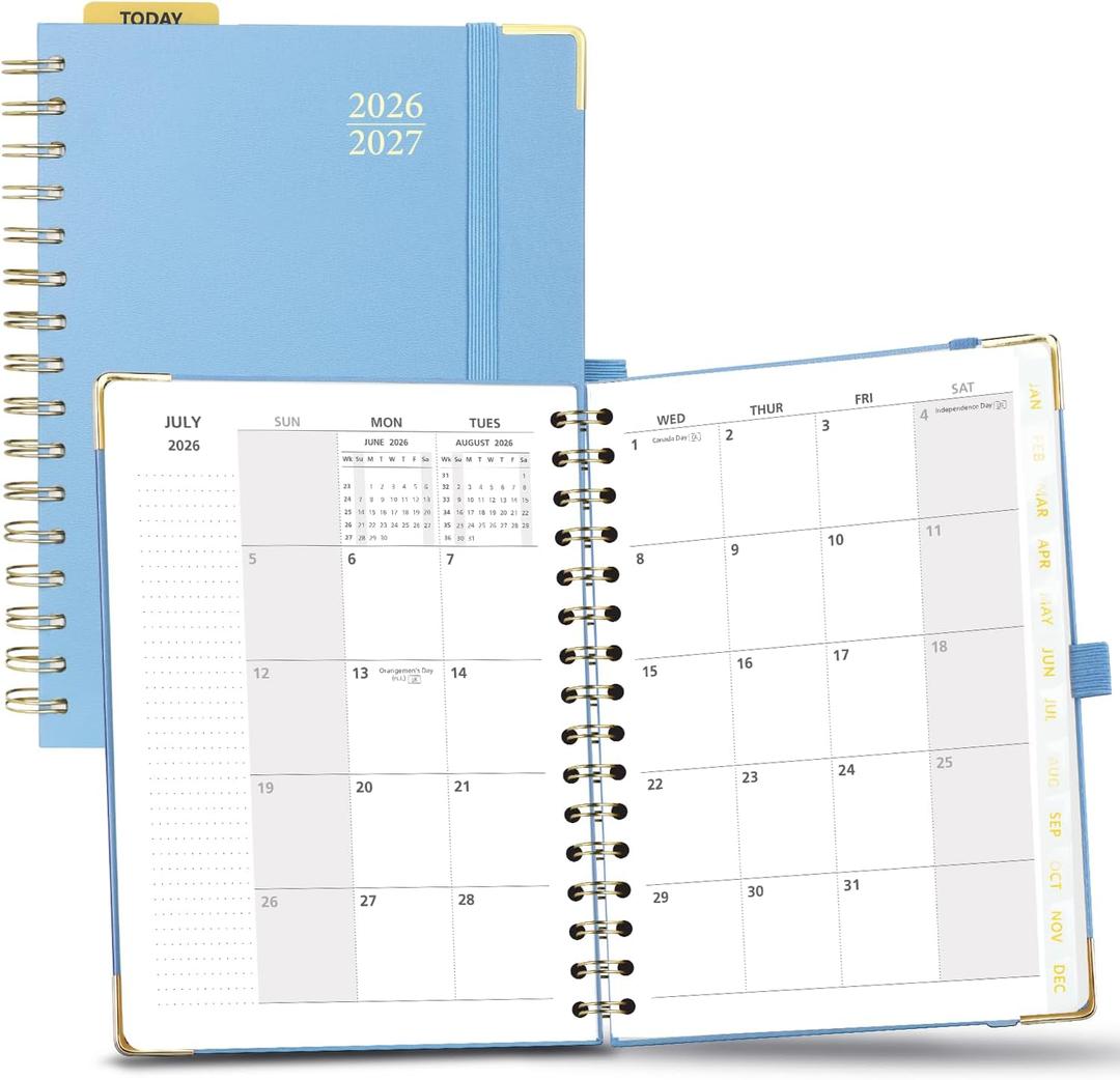 POPRUN Monthly Planner 2026-2027 Spiral Hardcover (6.25'' x 8.5''), 18 Months Calendar (Jan.2026-Jun.2027) - 2 Pages per Month with Dotted Note Pages, Sunday Start, Laminated Tab - Haze Blue