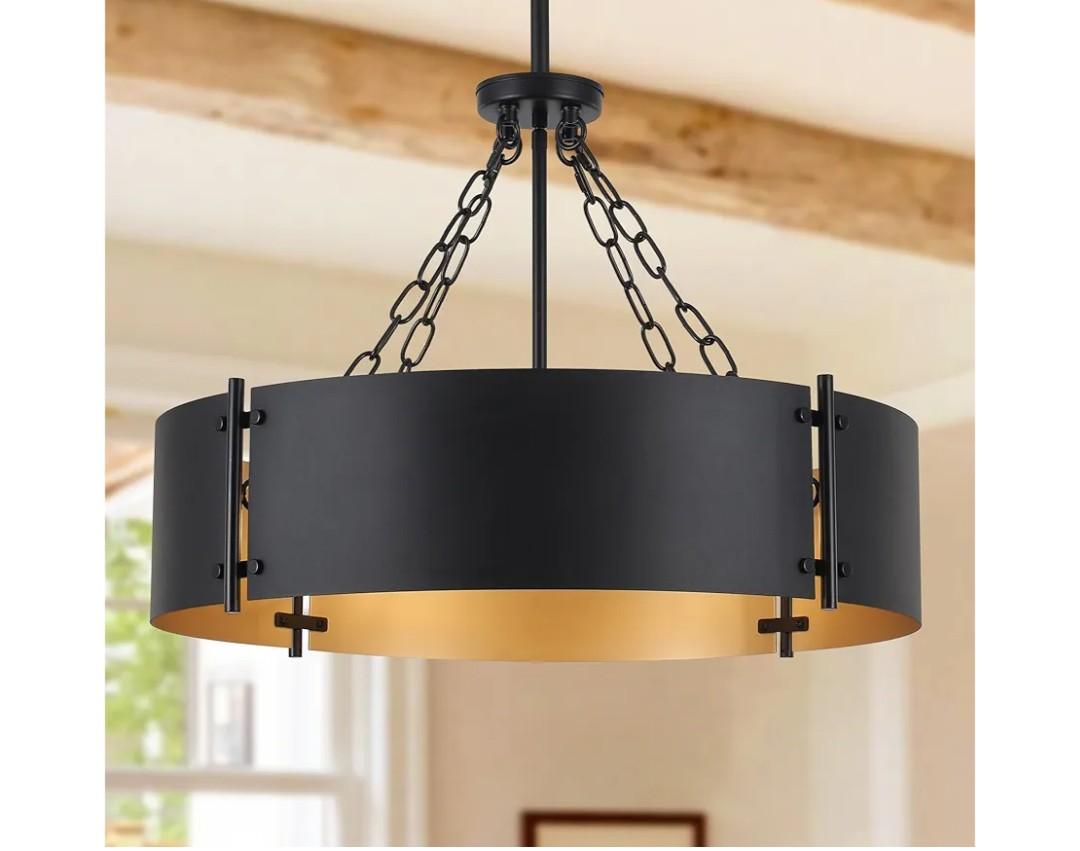 23.62'' Modern Drum Chandelier 6-Light Farmhouse Black and Gold Dining Room Light Fixture Industrial Large Pendant Lighting Rustic Hanging Light Fixtures Chandeliers for Living Room Kitchen Entryway