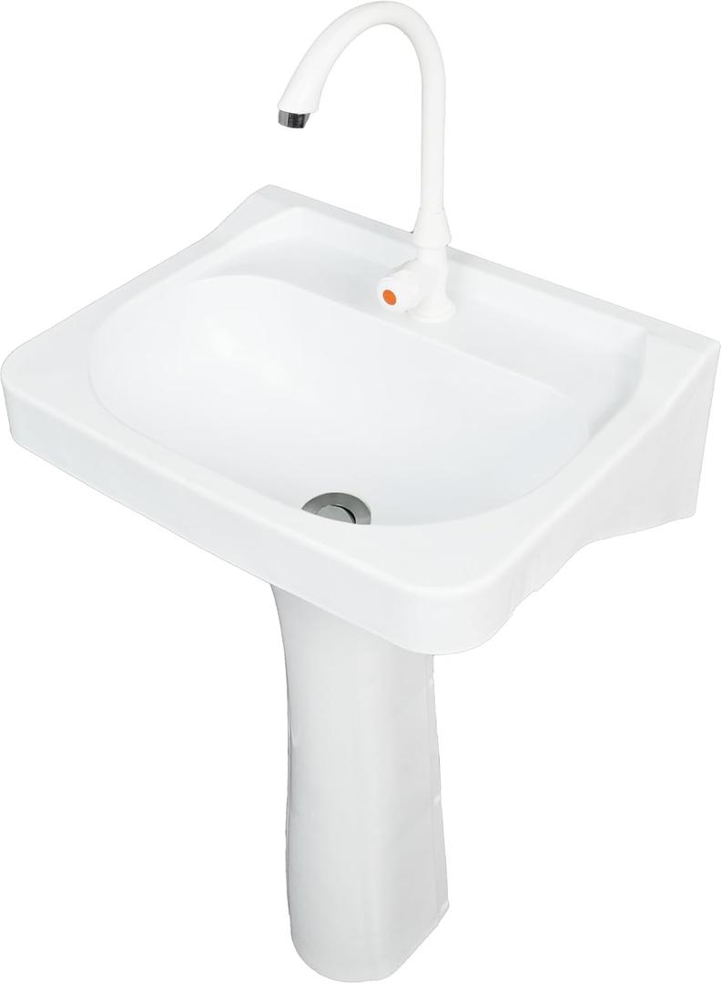 Plastic Pedestal Sink small Bathroom Pedistal Sinks Set 19.6"x15.3"x31.5"H No-Drill Installation Self-Adhesive Wash basin with Faucet Hole for Lavatory Room Column Wash Basin Rv Sink for Home Garage