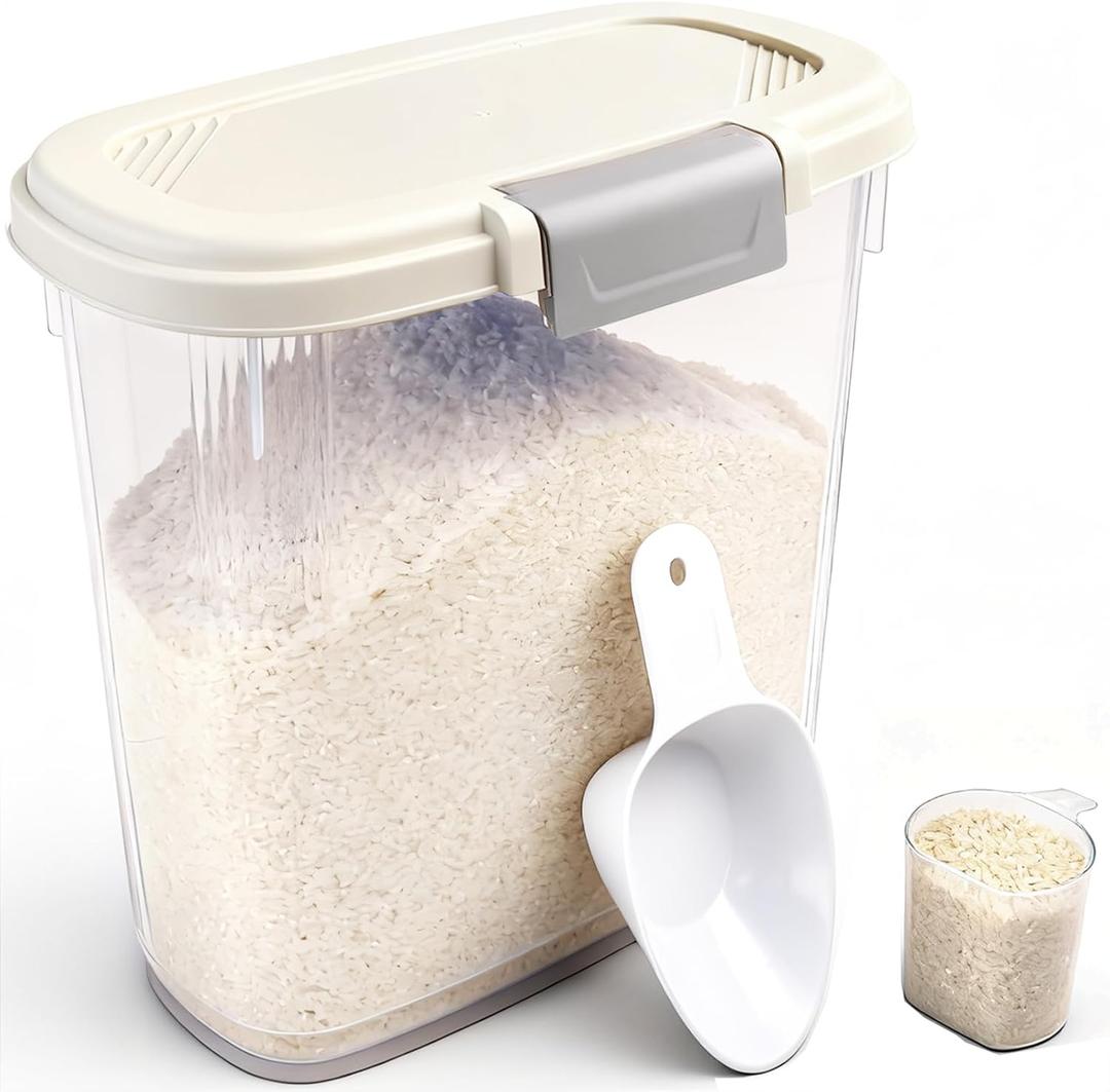 Large Rice Storage Container 15-20 Lbs, Tall Flour Container with Scoop + Cup - Slim Dry Food Storage Bin for Cereal, Sugar, Beans, Pet Dog Cat Food Container - Kitchen and Pantry Storage Organization (Cream White)
