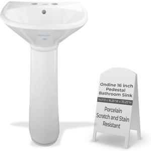 Small Bathroom Pedestal Sink White With Overflow Centerset Faucet Holes Grade A Vitreous China 33 Inch Tall x 16 Inch Wide x 14 Inch Projection Space Saving Ondine Design Renovator's Supply