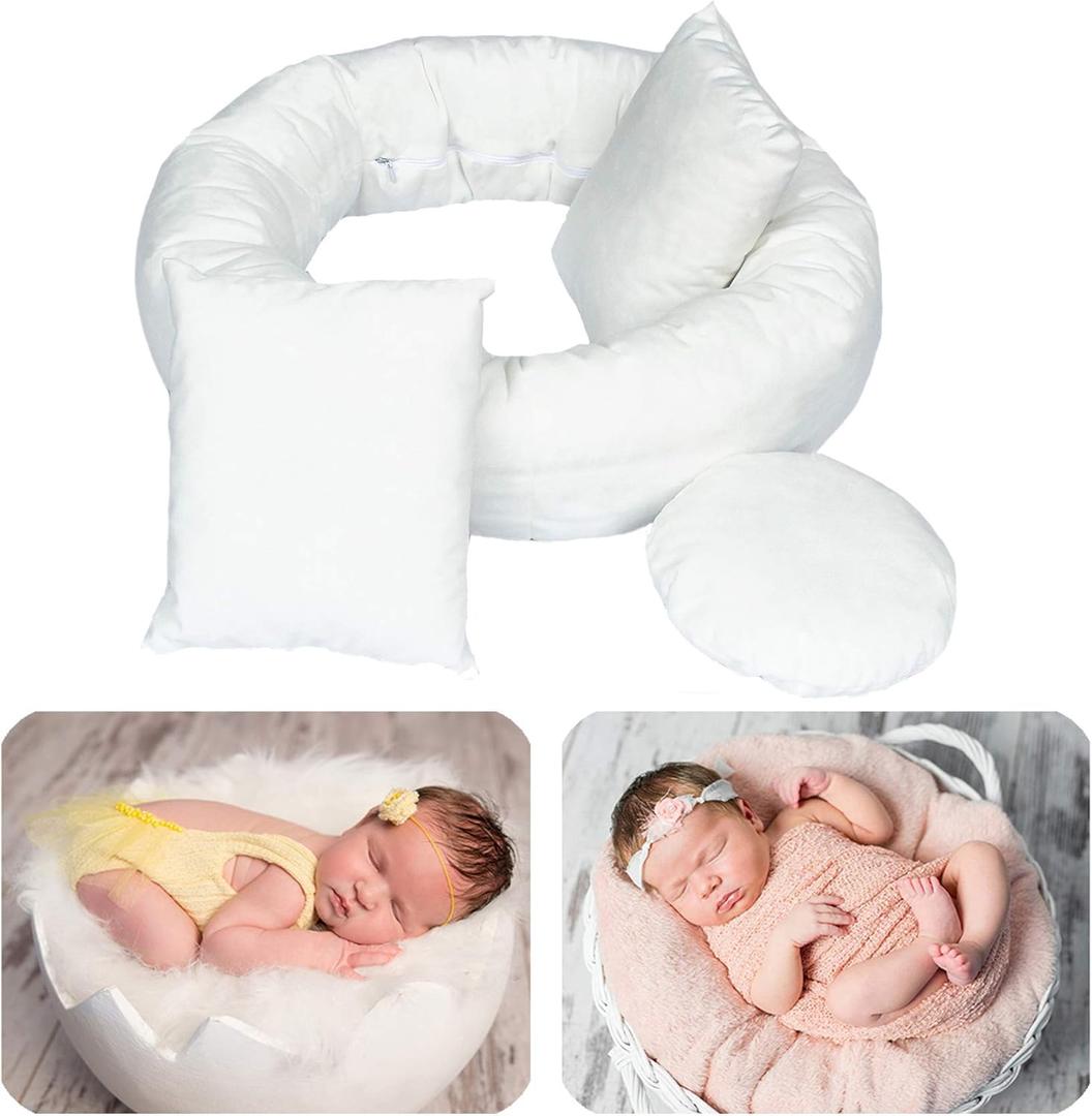 4PC Newborn Photography Props Baby Posing Aid Pillow Beans Bag 1pc Donut +3 pcs Posing Pillow Photograph Shoot Set for 0-3 Months Baby White