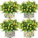 4 Sets Blue Tiles Lemon Table Centerpiece Decor Box and 16 Artificial Lemon Branches Amalfi Coast Capri Positano Lemon Party Supplies for Capri Mediterranean Wedding Birthday Baby Shower Party Decor (Yellow White-a)