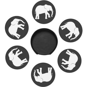 Black and White Elephant Leather Drink Coasters Set of 6 with Holder Round Cup Coaster for Table Decor (1)