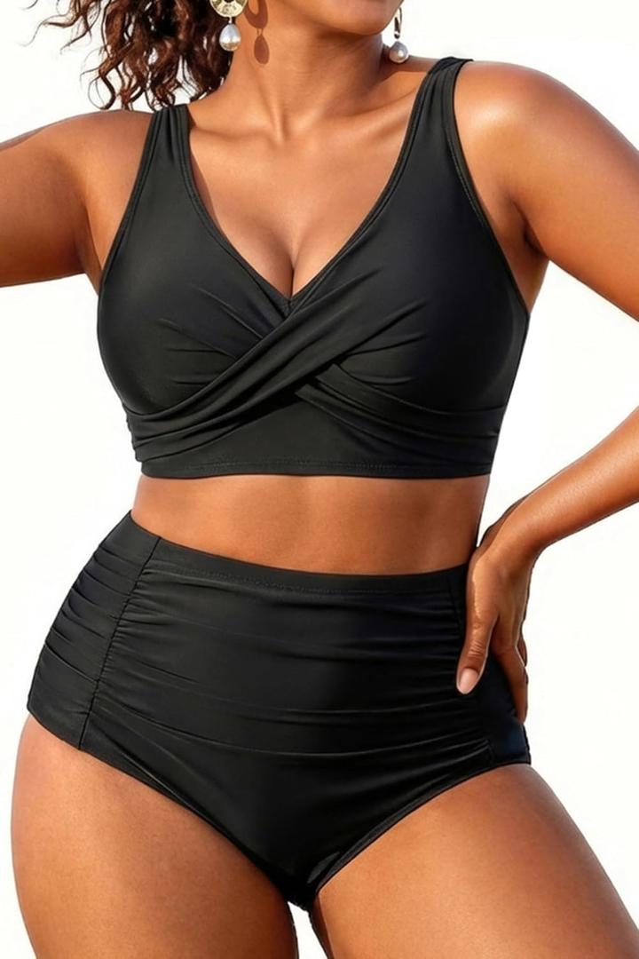 Aqua Eve Women Plus Size Two Piece Swimsuit High Waisted Bikini Set Tummy Control Bathing Suit Black 16W