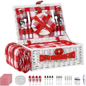 Picnic Baskets Wicker Willow Picnic Set for 4 Persons with Insulated Cooler Bag and Waterproof White Red Picnic Blanket Gift for Christmas Thanksgiving Wedding Birthday Camp Outdoor Beach Travel