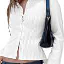 VNIRA Womens Button Down Shirts Striped Long Sleeve Collared Casual Work Blouses Slim Fit Going Out Tops (White, S)
