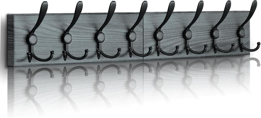 Coat Rack Wall Mount - Wooden Wall Coat Rack with 8 Tri Metal Hooks for Hanging Coats, Backpacks and etc. 28 Inch Coat Hooks Wall Mounted for Mudroom Farmhouse Entryway Black-Blue