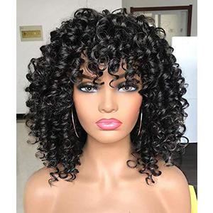 GEMBON Curly Afro Wigs for Black Women Kinky Curly Wig with Bangs Synthetic Fiber Natural Looking Glueless Hair for Daily Wear