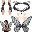4 Pcs Black Fairy Wings Costume for Adults Women, Gothic Renfaire Accessories Black Antler Crown Elf Ears Fairy Flower Arm Wrap Set, Cosplay Renaissance Goth Wedding Accessory Halloween