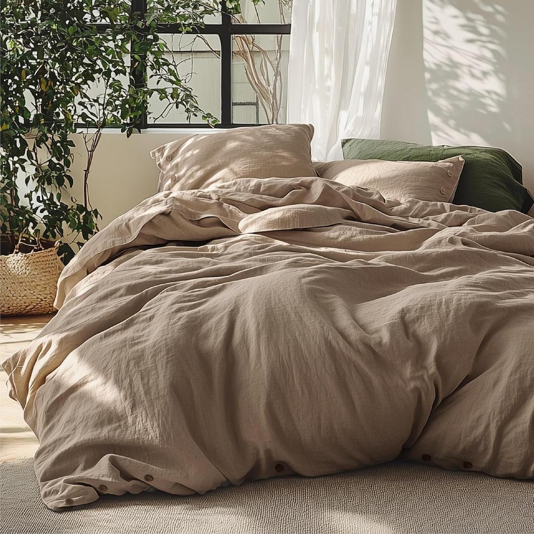 Bedsure Linen Duvet Cover King - Linen Cotton Blend Duvet Cover, PureWoven Cooling & Breathable Bedding Set for Hot Sleepers, Moisture Wicking & Durable Cover Set 3 Piece (Brown)