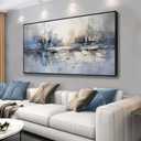 Abstract Wall Art Blue and White Reflection Large Size Framed Artwork Wall Decor Canvas Painting Stretched Canvas Wooden for Living Room Bedroom Office Home Decor Frame ready for hanging 30"x60"