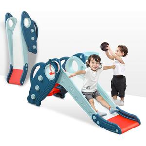 Onasti Kids Slide for Toddlers Age 1-3 Indoor Baby Plastic Slide Outdoor Climber Freestanding Playset with Basketball Hoop & Ring Game Blue
