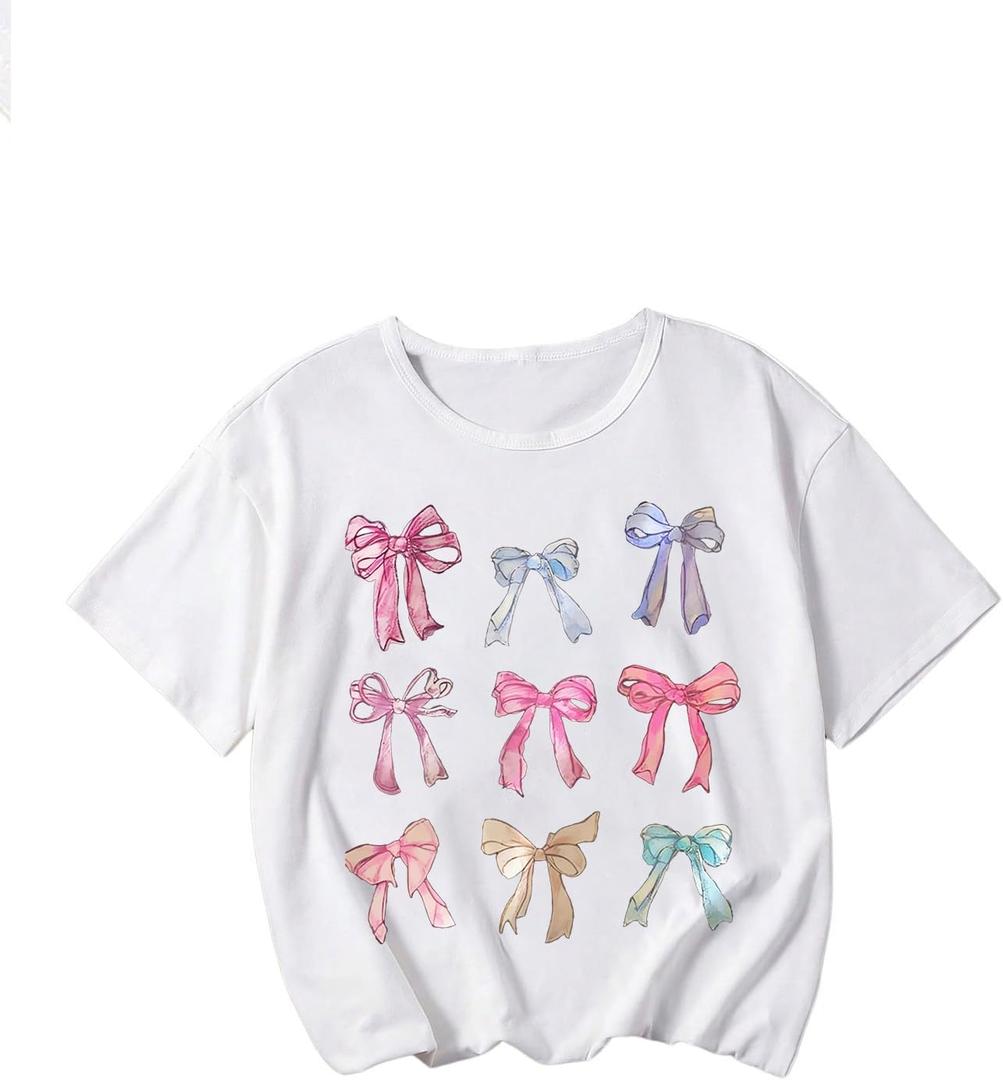RoseSeek Girl's Bow Graphic Tees Crew Neck Short Sleeve Summer T Shirts Preppy Cute Clothes for Girls White with Bow 12Y