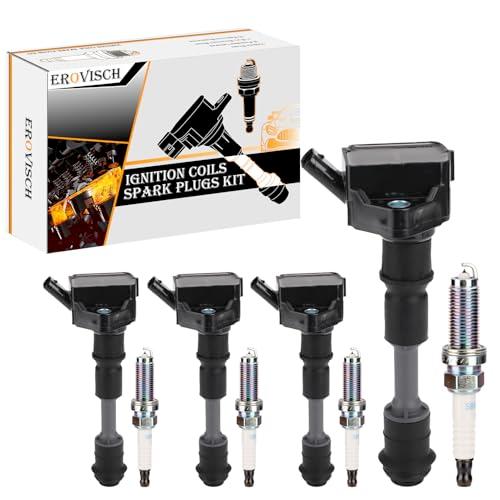 Pack 4 UF756 OEM Ignition Coil & Spark Plug - Compatible with Volvo S60 S80 S90 V60 V90 XC40 XC60 XC70 XC90-2.0L L4 - Replaces # GN10907 31358940 31312514