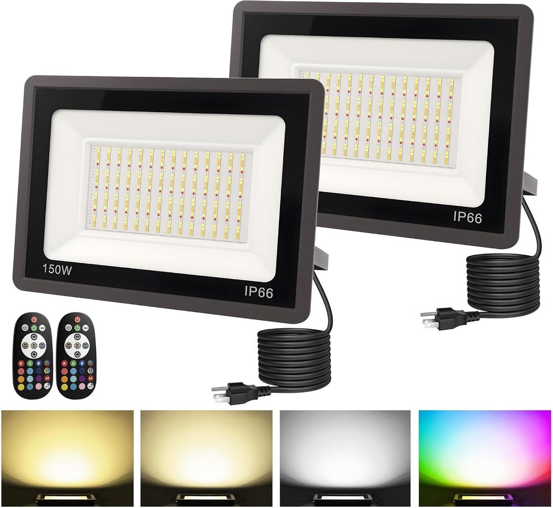 L LOHAS LED 150W Flood Light Outdoor, RGB Landscape Lighting with Remote Control, Timing - 2700K/4500K/6500K - Color Changing for Patio Backyard Step Wall, IP66, US 3-Plug, UL Listed (2 Pack)