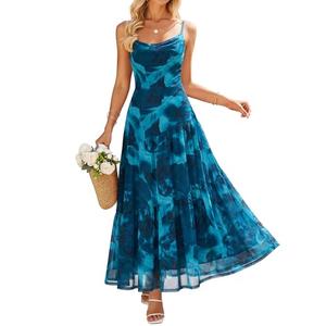 ZESICA Women's Summer Floral Sleeveless Maxi Dress 2026 Boho Mesh Spaghetti Strap Flowy Beach Wedding Guest Long Dresses (Lake, XL)