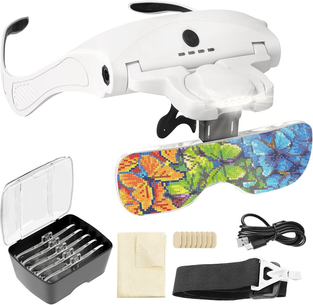 ARTDOT Magnifying Glasses with Light for Diamond Art Kits, 5 Replaceable Lenses for Head Magnifier with 4 LED Lights and Adjustable Brightness for Diamond Painting Accessories and Reading Close Work