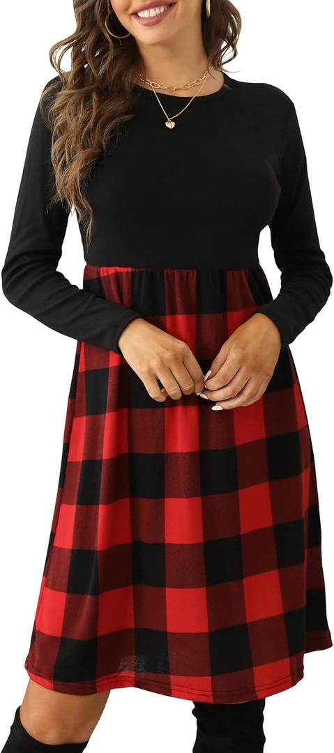 PALINDA Women's Plaid Long Sleeve Empire Waist Pleated Loose Swing Casual Flare Midi Dress with Belt (Medium, Red)