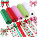 Woanger 10 Rolls Watermelon Stripe Wired Edge Ribbon and Mesh Ribbon for Summer DIY Gift Wrapping, Crafts, Home Wreath, Party Decor - 2.5inx7 Yard and 10inx10 Yard (Colorful)
