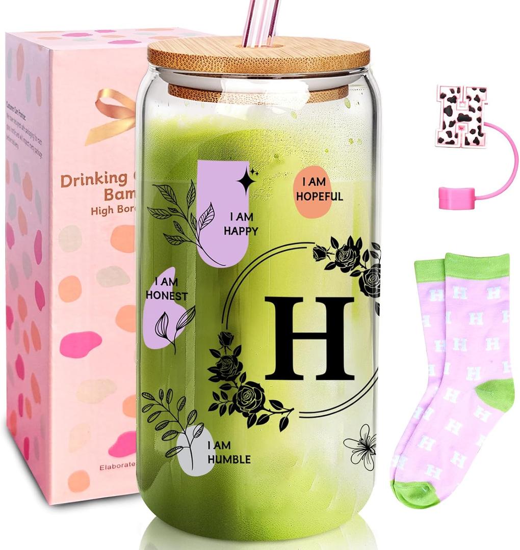4 x ANOTION Cute Cups - Ini-Tial Gifts White Elephant Gag Christmas Gift for Women Inspirational Gifts for Women Monogrammed Gifts Personalized Birthday Gifts for Women Cute Coffee Cups, 18 Ounces