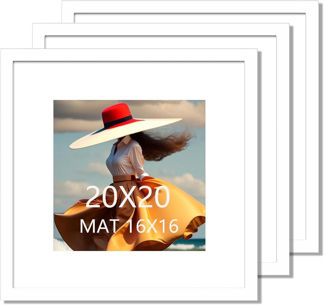 20x20 Picture Frame 3 Pack White Solid Wood for Mat 16x16 Wall Mounting Square Poster Frames