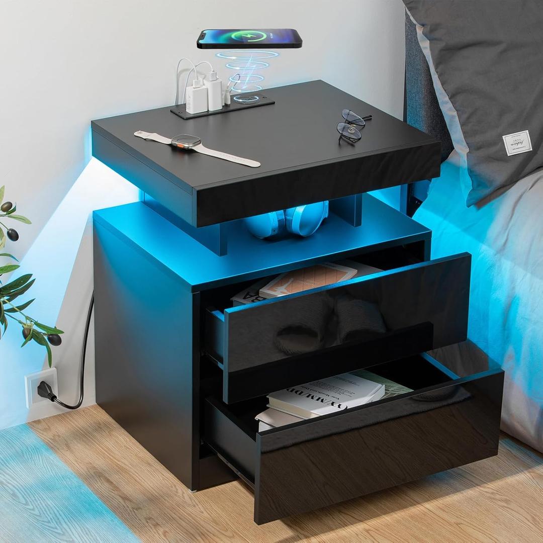 HOMMPA LED Nightstand with Wireless Charging Station & USB Ports High Gloss Bedside Table with LED Light RGB Adjustable Brightness Smart Nightstand 2 Drawers Night Stand for Bedroom Black (1PC)