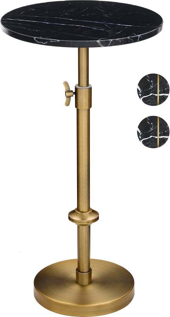 Adjustable-Height Marble Drink Table - 12x12x22-30, Black Marble & Antique Brass, Modern Round End Table, Side Table with Pedestal Stand for Small Spaces, Vintage Metal Martini Cocktail Accent (12-INCH WIDE TOP)