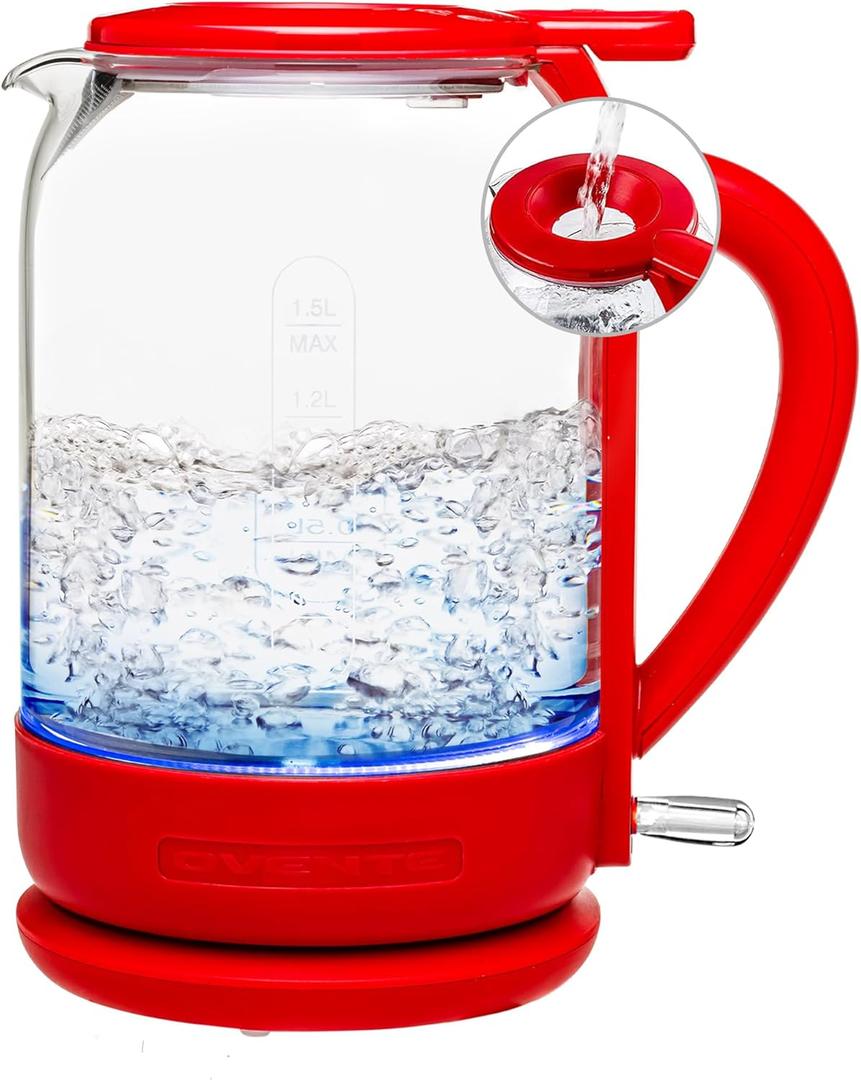 OVENTE Electric Kettle with 1.5L Borosilicate Glass, 1500W Fast Boiling Water Heater for Coffee or Tea, Easy to Fill Lid, Auto Shut-Off, Boil-Dry Protection & Stainless Steel Filter, Red KG516R