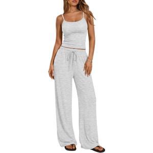 Trendy Queen Women's 2 Piece Lounge Sets Summer Outfits Matching Airport Camisole Tops Wide Leg Pants Fall Tracksuits 2026 Oatmeal Grey XS