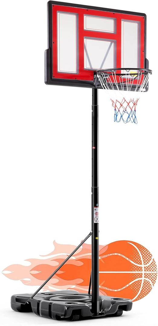 DUMOS 5.088.53FT Portable Basketball Hoop Outdoor for Kids, Adjustable Height 44 Inch Shatterproof Backboard w/Shock Absorbent Rim, Fillable Base, 2 Wheels for Swimming Pool/Indoor, Red