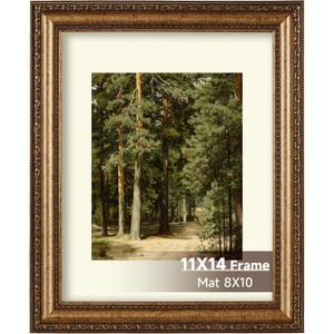 11x14 Gold Picture Frames: Antique Bronze Picture Frame with Mat for 8x10 Photo - Ornate Vintage Picture Frames with Large Display with Real Glass - for Dco Wall Gallery Room Mantel Fireplace Poster Frames