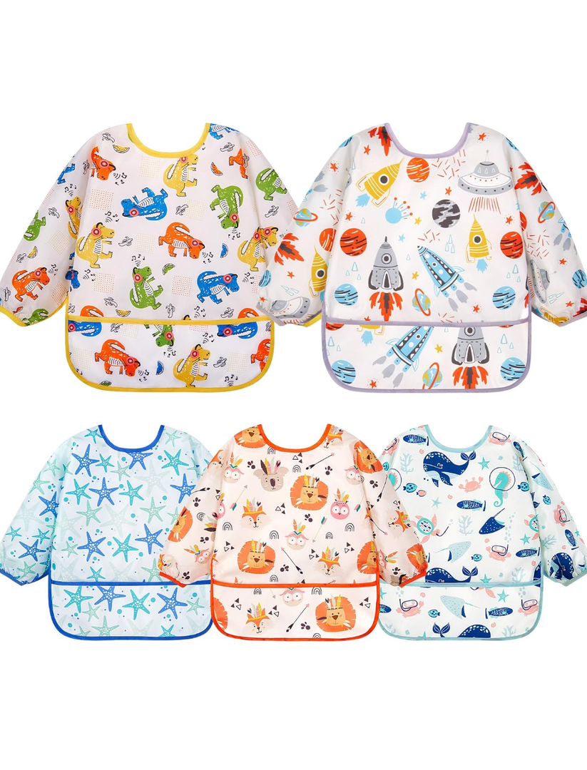 LPNPMEY4931017 Lictin Long Sleeve Bibs 5 Pack - Baby Bibs, Waterproof Toddler Bibs, Baby Smock for Eating, Baby Bibs for Feeding Teething
