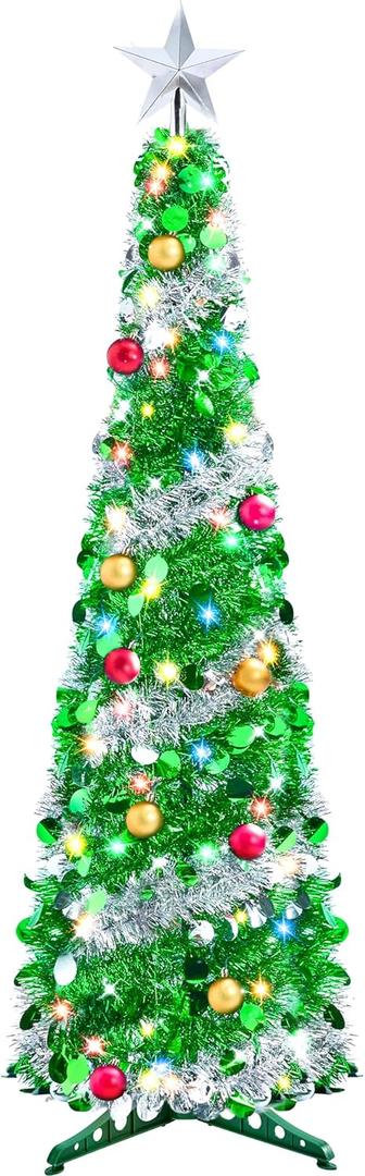 Joiedomi 5 FT Pop Up Christmas Green Tree with Lights, Collapsible Tinsel Christmas Tree Decorations with 50 Multicolor LED Lights and Ball Ornaments for Home Holiday Party Indoor Decor Green Trees