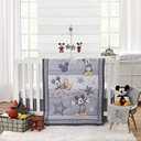 NOJO Disney Mighty Mickey Mouse Grey, White and Blue Stars, Stripes and Icons 3 Piece Nursery Crib Bedding Set - Comforter, Fitted Crib Sheet and Crib Skirt