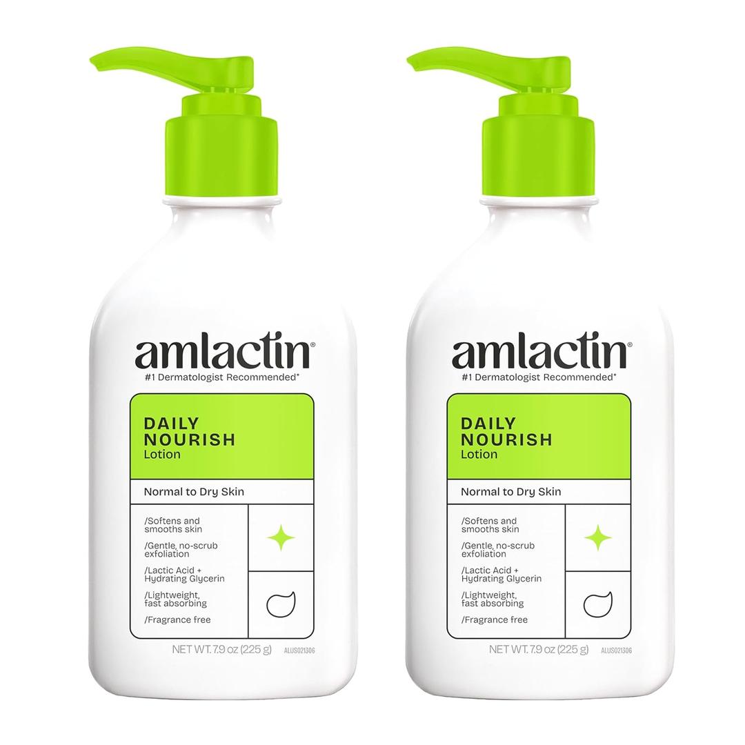 AmLactin Daily Moisturizing Lotion for Dry Skin, 7.9 oz Pump Bottles (Twin Pack), 2-in-1 Moisturizer Body Lotion with 12% Lactic Acid, Dermatologist-Recommended 