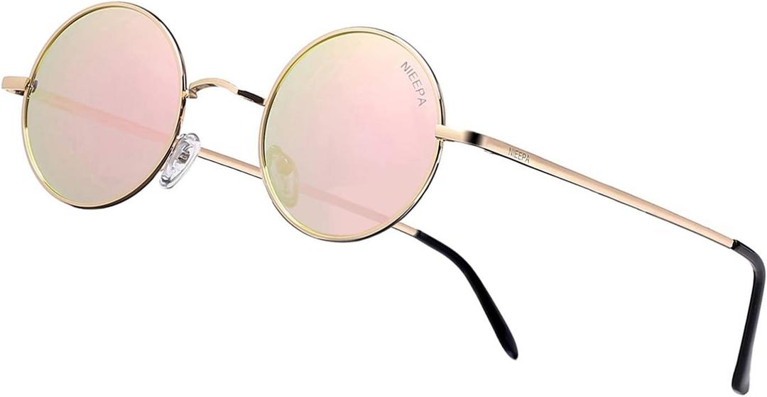 NIEEPA Vintage Small Round Polarized Hippie Sunglasses for Men Women Circle Sunglasses NP1002 (A31 Gold Frame/Pink Lens)