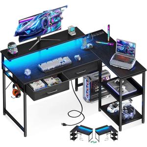 Coleshome 40 Inch L Shaped Gaming Desk with 2 Drawers & Storage Shelves, Computer Desk with USB Ports, Study Writing Table for Bedroom, Simple Modern Laptop Desk for Home Office, Black (40 Inches)