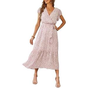 PRETTYGARDEN Women's Summer Floral Boho Maxi Dress Short Sleeve Wrap V Neck Ruffle Long Flowy Beach Wedding Guest Dresses, Pink, Large