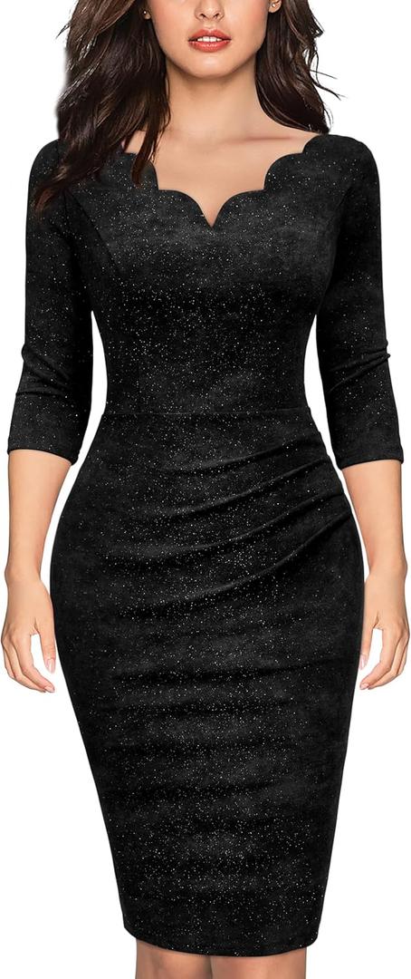 MIUSOL Women's Retro Ruffle Style 3/4 Sleeve Sparkly Cocktail Dress (B-black)