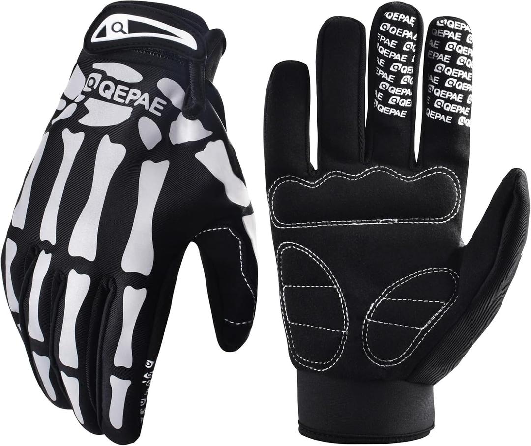 Azarxis Skeleton Gloves Adjustable Lightweight Racing Skull Sports Work Bone Gloves Anti-Slip Breathable for Men & Women Motorcycle, Cycling, Biking, Workout (Large, #2 White - Reflective - Skeleton Pattern)