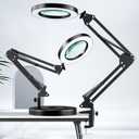 HITTI 10X Magnifying Glass with Light, 1,800 Lumens Stepless Dimmable, 3 Color Modes, 4.2 Real Glass Lens LED Desk Lamp & Clamp, Magnifier Light and Stand for Crafts, Soldering, Fly Tying, Close Work (Black)