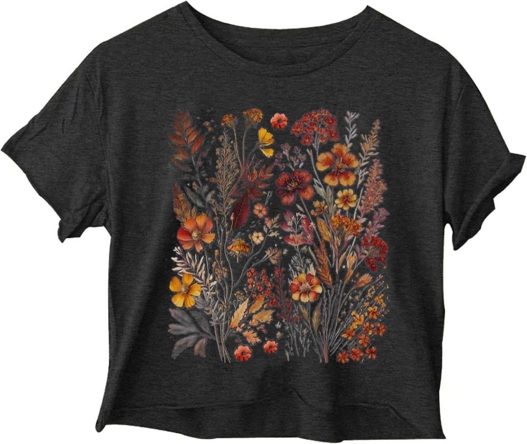 Woffccrd Womens Short Sleeve Crop Tops Wildflower T-Shirts Crew Neck Summer Casual Loose Graphic Tee Tops (M, 3 Dark Grey)
