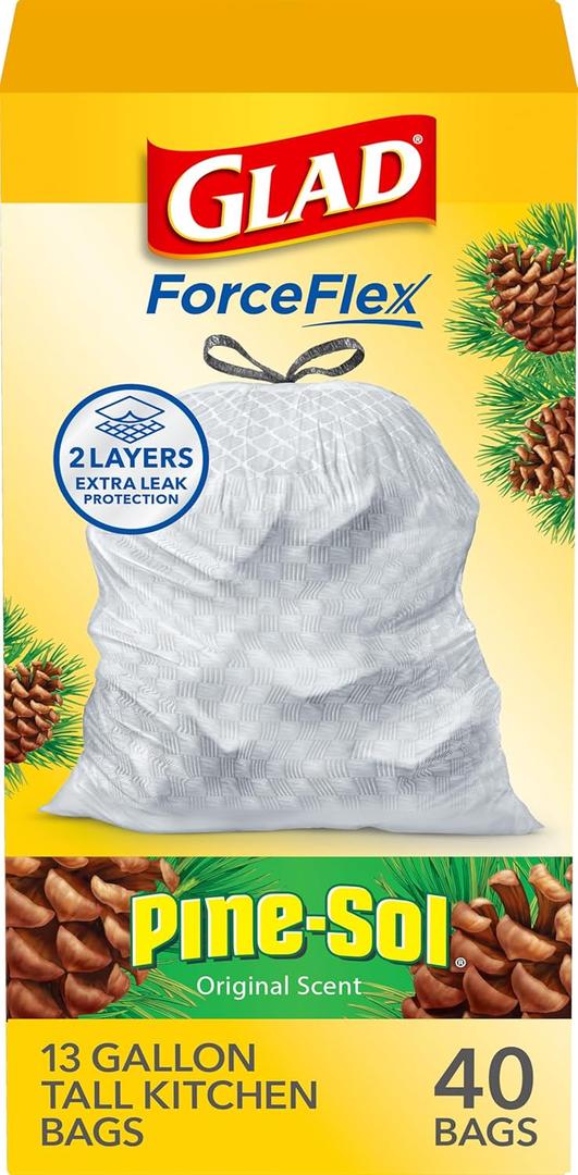 Glad ForceFlex Tall Kitchen Trash Bags, 13 Gallon, Pine-Sol Original, 40 Count 