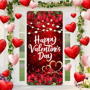 Lofaris Happy Valentine's Day Door Cover – 72.8x35.4 Inch Romantic Red Rose and Shiny Lights Banner for Valentine's Day Decorations, Indoor Outdoor Party Supplies
