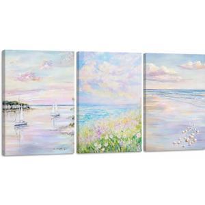SEWEAIPIC 3 Piece Coastal Wall Art, Dreamy Pastel Pink Beach Canvas Prints, Calming Ocean Sunset Painting for Bedroom, Living Room Decor, Seascape Artwork, 16x24 inch - Framed, 24L''x16W'' Wrapped Canvas