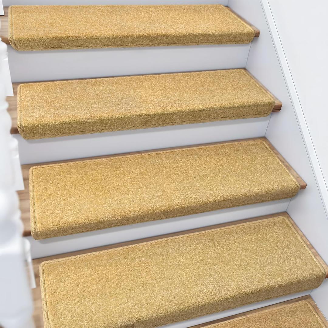 Stair Treads Non Slip, Bullnose Carpet Stair Treads for Wooden Steps Indoor, Stair Carpet, Soft Stair Rugs for Pets, Edging Stair Protectors, Washable, 29.5"x9.5"x1.5" 2pcs, Beige (2 Pieces, Beige Yellow)