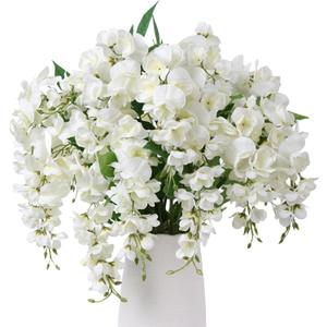 Fake Flowers Indoor Plants, 2Pcs Greenish White Hanging Wisteria Decoration, Light Cream White UV & Fading Resistant, Room Decor for Kitchen Living Room Bathroom Centerpiece Table