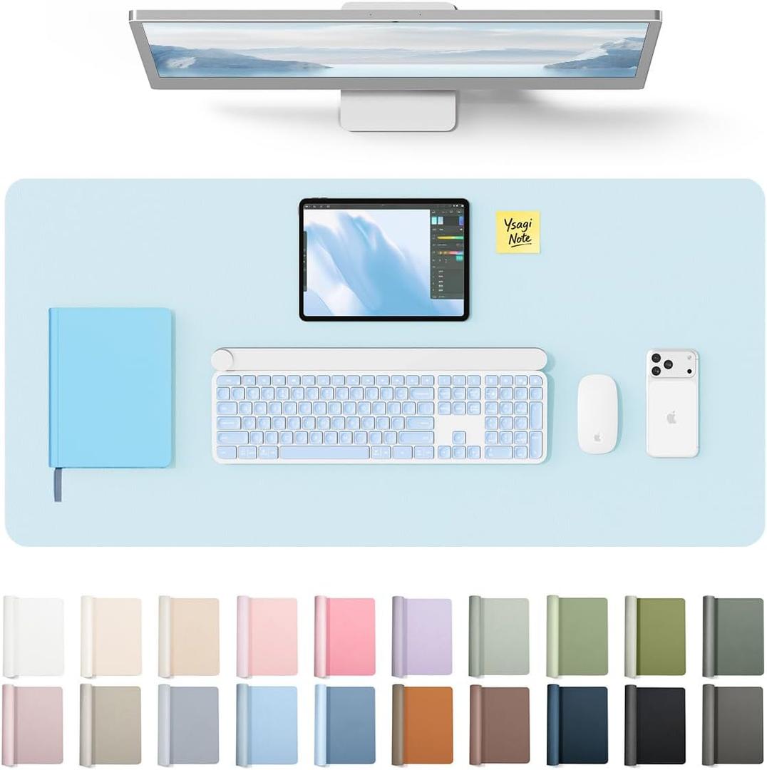 YSAGi Leather Desk Protector, Office Mat, Large Mouse Mat, Non-Slip PU Leather Blotter, Laptop Pad, Waterproof Writing Pad for Office and Home (Baby Blue, 35.4" x 17")