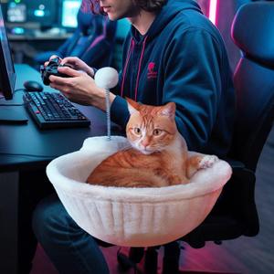 PAWZ Road Cat Bed for Desk with Interactive Plush Ball, 12 Inches in Diameter,Space-Saving Cat Desk Bed, White Cats Hammock for Table Supports Up to 40lbs, Medium (Beige)